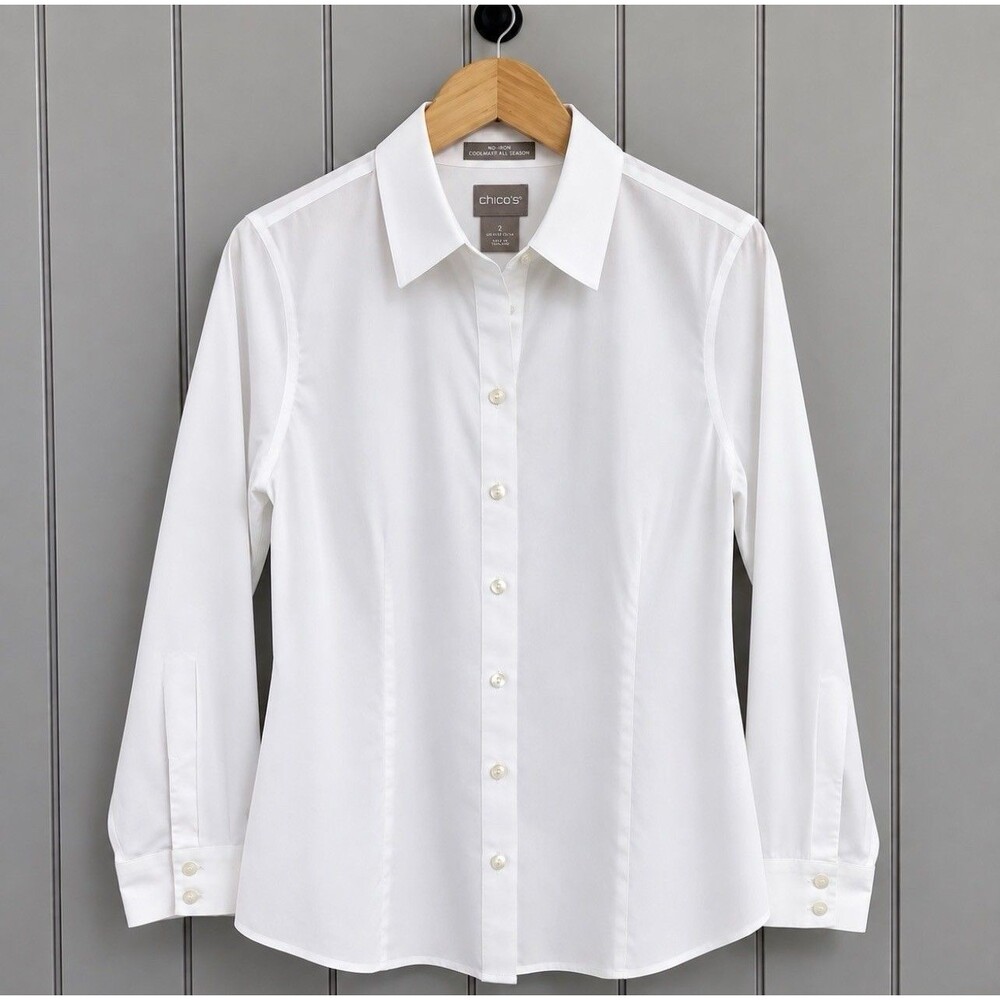 Chico’s No Iron Coolmax White Button Down Shirt Women Sz 2 12/14 Long Sleeves